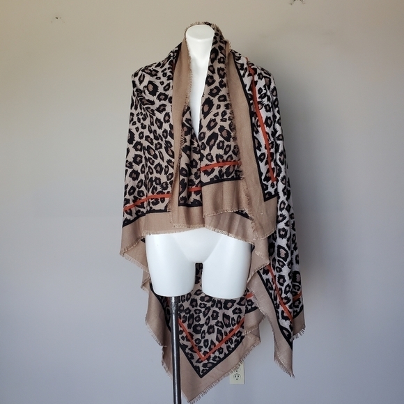 Boho Leopard Cheetah Animal Print Square Wool Scarf Wrap Shawl Raw Hem Trim - Picture 7 of 10